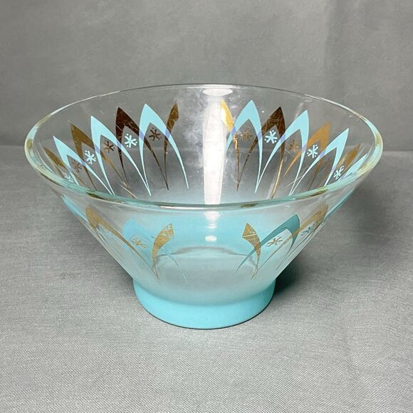 Vintage Anchor Hocking Blendo Happy Hour Atomic Chip Serving Bowl Aqua Gold - Picture 9 of 9